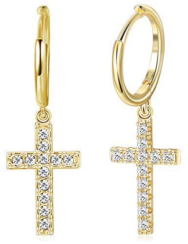 Milacolato 925 Sterling Silber Creolen Ohrringe Damen Ohrhänger Silber CZ Gold Hängende Zirkonia Kreuz Ohrringe für Frauen Herren mit Anhänger Silber/Gold