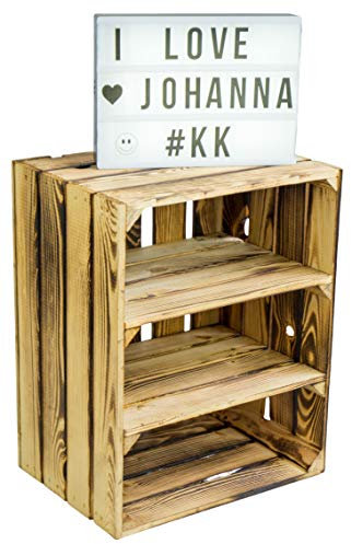 Weisse/geflammte Bücherregal - Schuhregalkiste mit Zwischenbrett/Mittelbrett Einlage ca 50x40x30cm / Apfelkisten Weinkisten Holzkisten aus dem Alten Land (doppelt geflammt Quer)