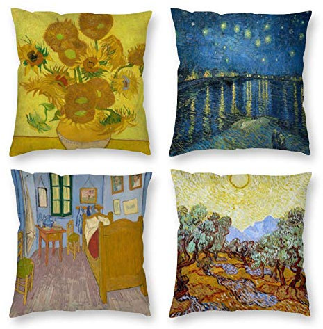 HOSTECCO Van Gogh Muster Kissenbezüge 45x45cm 4er Set Kunst Malerei Kissenbezüge Gelb Abstrakt Quadratisch Dekorative Kissenbezüge für Sofa Couch Bett