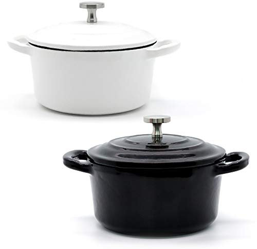 RJ Legend Mini Dutch Oven Topf 2er Set - Emaille-Oberfläche, Antihaft-Kochgeschirr aus Gusseisen - Ideales Geschenk für Ihre Freunde & Familie - Schwarz, Weiß
