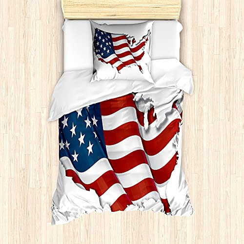 ABAKUHAUS amerikanisch Bettbezug Set für Einzelbetten, Patriotische USA-Flagge schwenkt, Milbensicher Allergiker geeignet mit Kissenbezug, 135 cm x 200 cm - 80 x 80 cm, Marineblau Vermilion