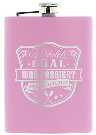 Rosa Flachmann aus Edelstahl mit Gravur – Mädels, egal was passiert, Pegel halten – Taschenflasche mit Geschenkverpackung – Gravierter Flachmann für Junggesellinnenabschied – STEMPEL-FABRIK