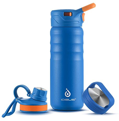 IDEUS Vacuum Insulated Water Bottle 540ml/18oz, Leak-Proof Stainless Steel Water Bottle, Double Wall Flask, Metal Sports Canteen with 2 Lids