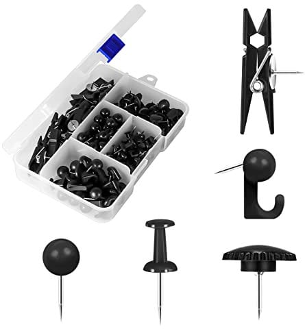 AIEX 140pcs Reißnägel, Reißnägel Dekorativ, Pinnwandnadelnt Pinnwandnadeln Push Pins mit Edelstahlspitze, Thumb Tacks für Wand Korktafeln Bulletin Board Büro (5 Stile, Schwarz)