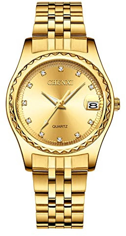 JewelryWe Damenuhr Quarz Analog Partner Freundschafts Armbanduhr Datum Kalender Edelstahl Armband Damen Uhr mit Beleuchtenden Zeiger und Strass goldem Zifferblatt, Geschenk für Frauen Mädchen, Gold