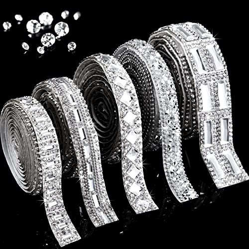 5 Rollen Kristall Strassbänder Funkelnde Strassbänder Harz Diamant Bänder Selbstklebende Glitzerbänder Bling Dekobänder zum Basteln für Spiegel Auto Deko (Silber, Gemischt Stil)