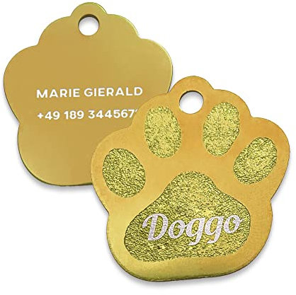 Geschenkfreude Hundehalsband Anhänger mit Gravur - Hundemarke personalisiert/Adressanhänger Hund Pfote - für mittelgroße bis große Hunde - gold
