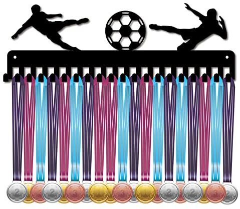 CREATCABIN Porta Medaglie da Calcio Espositore Appenabiti Sport in Metallo Montaggio A Parete 20 Ganci Appendere sopra 60 Medaglie Runner Home Badge Corsa Maratona Ginnastica Nero 15.7 x 5.3 Pollici