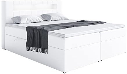 MEBLINI Boxspringbett mit Bettkasten - Bett mit LED Kopfteil - Gepolstert Doppelbett mit Matratze und Topper - Polsterbett mit Stauraum - Stauraumbett - ASPIN - 180x200 - H3/Weiß Kunstleder