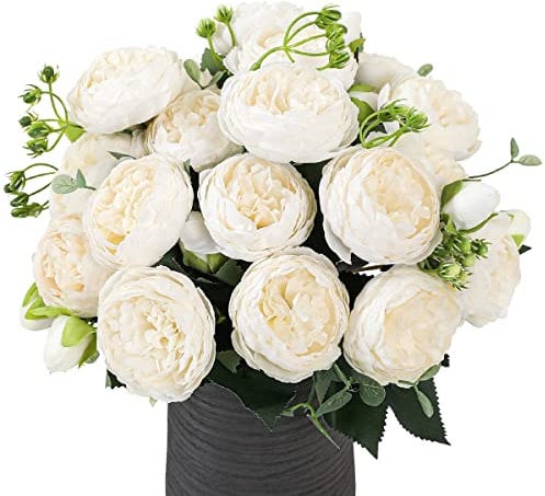 LUWENER 4 Bündel Künstliche Blume Pfingstrose mit 20 Köpfen Gefälschte Pfingstrosen Seidenblumensträuße für Hochzeit Zuhause Tischparty Fensterdekoration (Weiss)