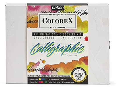 Pebeo Calligraphy Brush Lettering & Illustration Kit Watercolour Ink 4 Colours 20 ml and 4 Colorex Marker, Détails en Description, Non Applicable