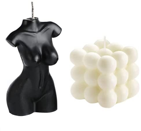 2 Stück Bubble Cube Kerzen und weibliche Körperförmige Kerze, handgefertigte Sojawachs-Duftkerze, Schlafzimmer, Badezimmer, Zuhause, ästhetische Deko-Kerze (schwarz-weiß)