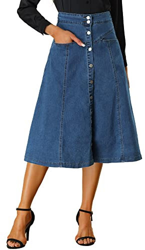 Allegra K Damen Denim Rock Dehnbar Hoher Taille Knopfleist Lang Jeansrock A-Linie Tasche Midirock Blau XL