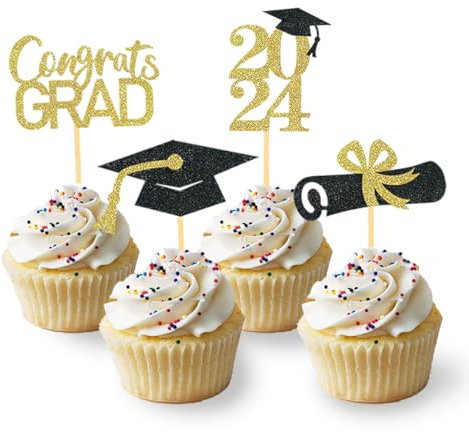 24 Stück Glitzer 2025 Graduation Cupcake Toppers, Abschlussfeier Cupcake toppers, Bachelor Hut Deko, Abschluss Deko für Graduation Abschlussparty Dekoration (schwarz & gold)