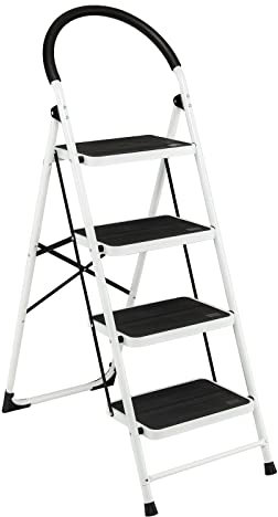GYMAX Escabeau 4 Marches, Marchepied Pliable, Large Pédale Antidérapante, Structure Stable Triangulaire, Verrouillage de Sécurité, Cadre en Métal Robuste, pour Maison, Bureau, Garage, Capacité 160KG
