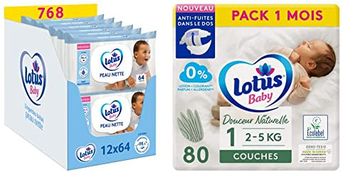 Lotus Baby Peau Nette Lingettes Bébé - 768 lingettes - Hypoallergéniques et Testées Dermatologiquement & Douceur Naturelle - Couches Taille 1 Pack 1 mois - 80 couches