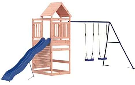 vidaXL Outdoor Playset, Solid Douglas Wood, Multi-Activity Playground with Rock Wall, Wave Slide, Swing Set and Sandpit, Sturdy Backyard Equipment