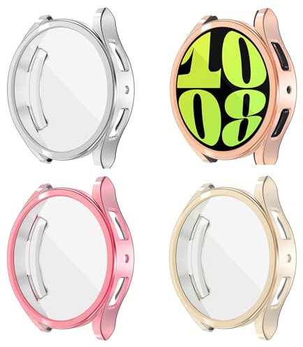 Yolovie Confezione da 4 custodie protettive per Samsung Galaxy Watch 6 44 mm (2023 Verison) in silicone bumper protezione completa (Watch 6 44 mm, argento, oro rosa rosa)