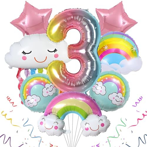 SPHERETRON Regenbogen Geburtstagsdeko Mädchen 3 Jahr Regenbogen deko kindergeburtstag Regenbogen Sterne Wolken Luftballons und luftballon 3 jahre für Mädchen regenbogen Geburtstag Deko