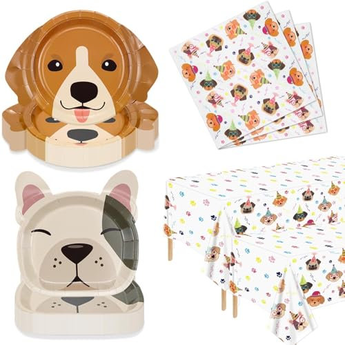 Hegbolke 122 Pcs Dog Party Decorations - Including Plates, Napkins, Puppy Tablecloth for Kids Puppy Dog Themed Birthday Party Supplies, Serve 40