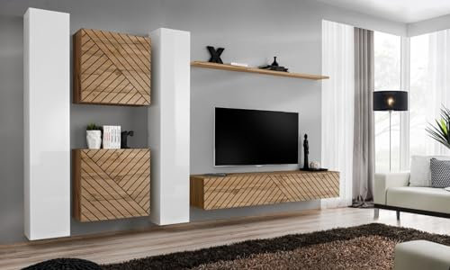 All4All Wohnwand SW VI mit Lamellen - Wohnzimmermöbel - Schrankwand für Wohnzimmer - Wohnzimmerschrank - Anbauwand - Wohnwand Hängend - Modern - Mediawand -Möbel - Weiß+Wotan 21