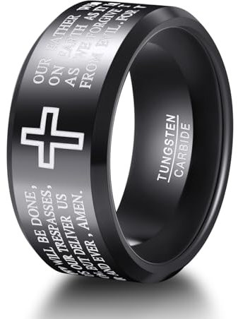TUNGSTORY Wolfram Ring Herren 10mm Schwarz Kreuz Ring mit Vater Unser Christlicher Schmuck Größe 57(18.1)