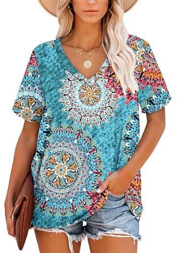 NARRAME Tops para Mujer Camisetas Verano túnica Manga Corta Tops Cuello Pico para Mujer Floral Verde Small S 34-36