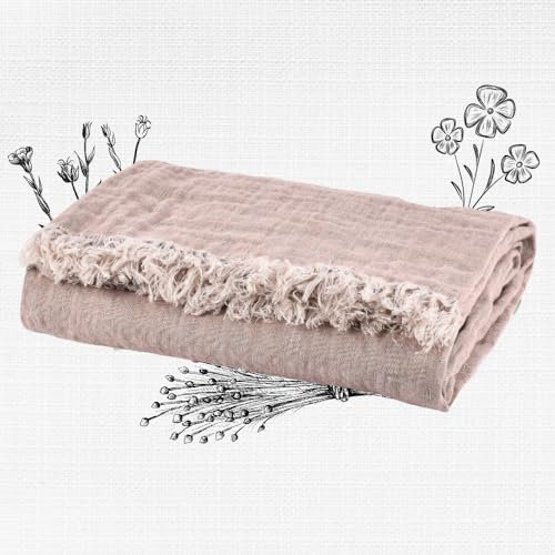 LINAS Leinen Tagesdecke 136x180 cm – Rosa Premium Bettdecke, Boho Bettüberwurf, Skandinavisch Design Sofaüberwurf, Couch Überwurf Decke für Sofa & Bett, Couchdecke, Atmungsaktive Kuscheldeck, Plaid