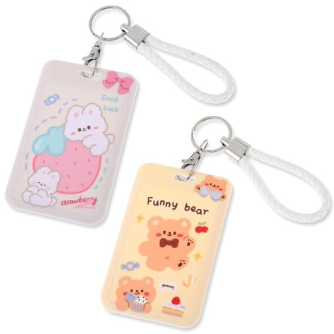 Mabor 2 pièces porte-carte photo porte-badge d'identité avec porte-clés coulissant ouvert mignon lapin ours animal badge bobine papeterie pour école étudiant bus carte d'identité cartes de crédit poc