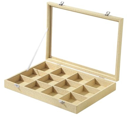 Boîte d'organisateur de bijoux Coward, lin jaune, 12 compartiments, pour bracelet, bracelet, collier, présentoir à bijoux avec couvercle en verre transparent pour la maison, tiroir, bureau ou magasin