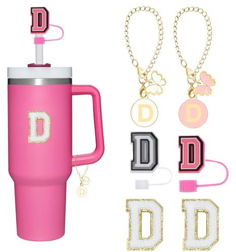 Reusable Straw Cover for Stanley Cup Accessories, 2Pcs Dustproof Straw Covers with Letter Charms and Personalized Name Stickers(D)