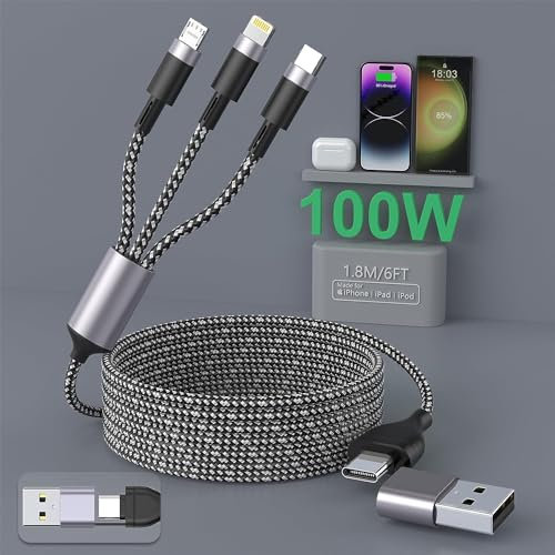 100W USB C à Câble de Chargement Multiple 6FT, 6A PD USB C Fast Charging Câble, 5 in 1 Braided Multi Charging Cable with Lighntning/Type C/Micro USB Universal Sync Charger Adapter for Phone/Tablet