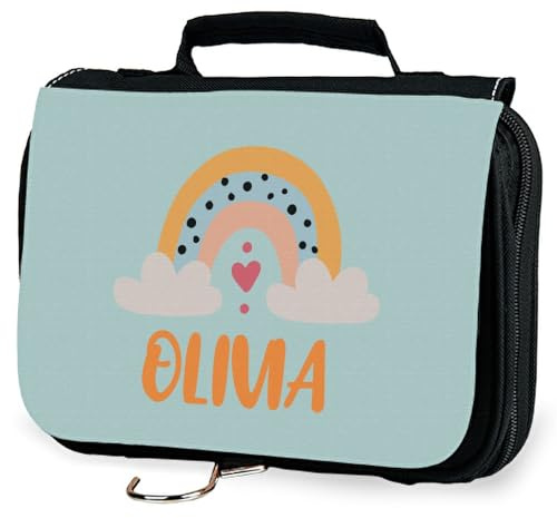 Wanapix | Hängende Kinderkulturtasche | Personalisierte Reisekulturtasche mit Namen | Kulturtasche für Mädchen | Schultasche | 23x15x5 cm | Regenbogen
