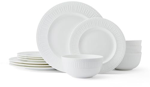 Mikasa Miles Bone China Lightweight Chip Resistant 12 Piece Dinnerware Set, Service for 4, White
