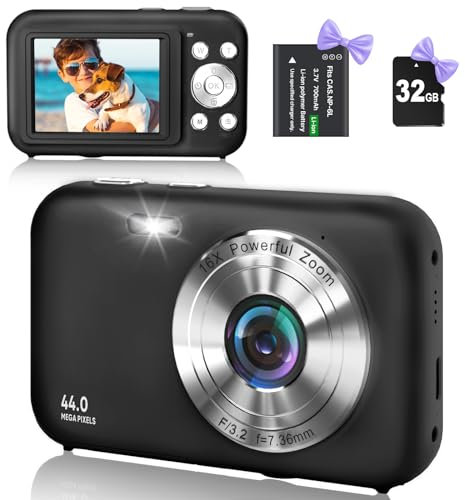 Cámara digital con tarjeta SD de 32 GB, HD 1080P 44MP, cámara, cámara digital LCD recargable con zoom digital 16X para niños, adultos (negro)