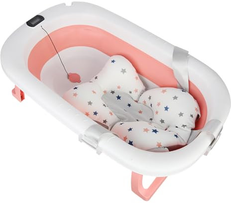 Grand Baignoire Pliable Bébé avec Thermomètre à eau,Baignoire pliable pour bébé stable avec thermomètre et coussin d'assise de 0 à 6 ans-80 * 50 * 23-rose