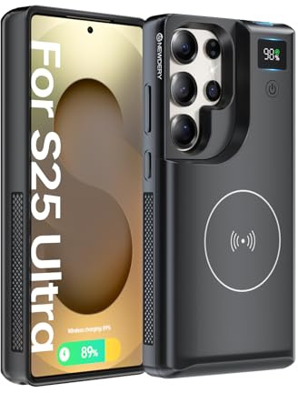 NEWDERY for Samsung Galaxy S25 Ultra Battery Case 6.9 | 10000mAh Portable Power Bank with LED Display, Qi Wireless Charger & 20W USB C Fast Charging, Sync-Data Supported Black