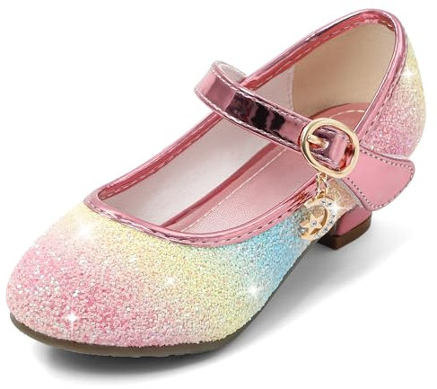 Cheerful Mario 5-10 Jahre Prinzessinnen Schuhe Mädchen Pailletten Ballerinas mit Absatz Glitzer Mary Jane Halbschuhe Kinder Party Neon 34 EU