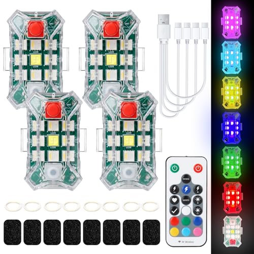 Mucek 4 Stück Drahtloses Auto LED-Blitzlichter Akku mit Fernbedienung, 500mAh Strobe Drone Light mit 7 Farben Hochhelle für Auto, Motorrad, Drohne