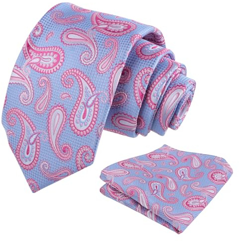 Alizeal Ensemble cravate et mouchoir en jacquard cachemire pour homme - Cravate rétro et carré de poche, 144-Bleu clair + Rose, taille unique