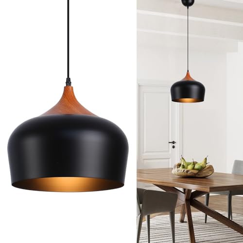 Alpinaluz Lámpara Colgante Moderna – Pantalla de Acero Negro Mate Ø35 cm con Acabado en Efecto Madera – Casquillo E27 – Iluminación Elegante para Cocina, Comedor y Salón