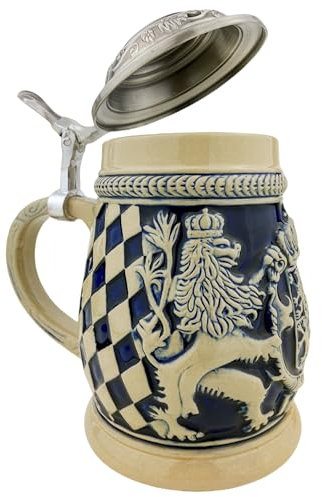 EVERSTYLE Bierkrug mit Deckel 0,6L – Klassischer Bayern Steinkrug mit Relief-Wappen – Ideal für Zuhause, als Dekoration & zur Sammlung – Geschenk für Männer, Bierliebhaber & Bayern-Fans