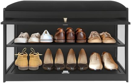 soudesileim 2 Etagen Schuhbank mit Stauraum, Magnetische Klapptür und Griff, Durchsichtige Schranktür, Stiftdesigns Schweben, Rechteckig Schuhbank mit Sitzfläche, Garderobenbank (70cm, Schwarz)