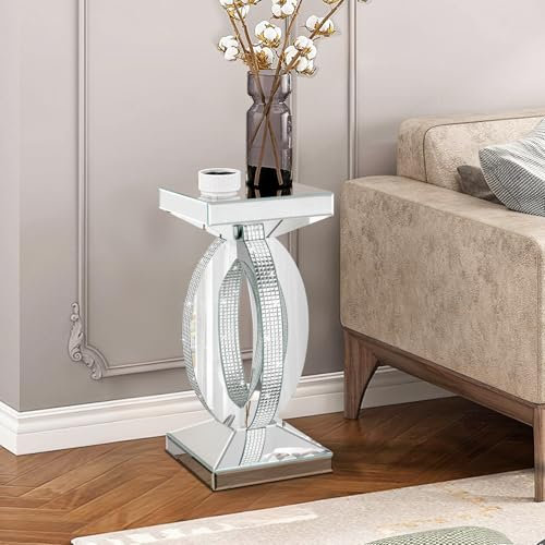 Jesantab Beistelltisch aus verspiegeltem Glas mit zerkleinertem Diamantmuster, silberner Beistelltisch, Kleiner verspiegelter Couchtisch für Wohnzimmer, Schlafzimmer, 30x 30 x 66 cm