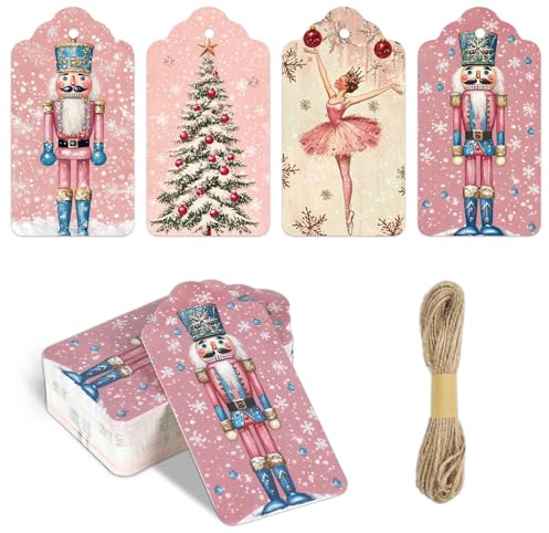 Whaline 60Pcs Christmas Paper Tags Pink Nutcracker Xmas Tree Hanging Labels Name Tags with Hemp Rope for Winter Party DIY Crafts Supplies