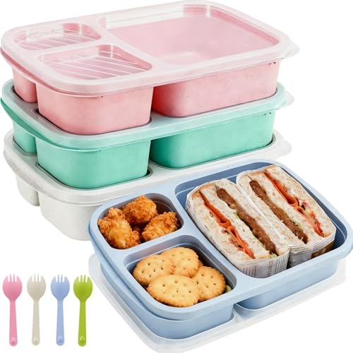 4 Pack Snack Boxes, Reusable Bento Lunch Boxes with Transparent Lids 3 Compartments & Fork, Lunch Snack Containers for Kids Adults, Divided Food Storage Containers for School Work Travel （4 colors） ﻿