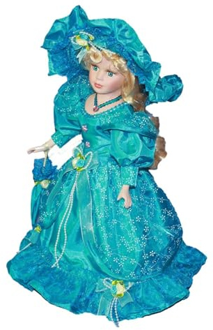 misppro Dress Up Porzellanpuppe 40cm, Miniatur Porzellanfigur mit Hut und Haar, Altmodische Keramikpuppe im Kleid für Tischdekoration und Sammlung