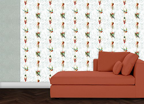 Gräflich Münster'sche Manufaktur Helle, klassische Vogel Tapete Birds on a string mit Papageien auf Barock Muster - Ornament Vliestapete Streifen,GMM Design Deko für edle Wände (H: 3m B: 46,5cm)