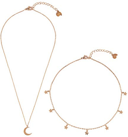 Happiness Boutique Damen Mond und Stern Schmuckset in Rosegold 2-TLG. | Halbmond Kette und Choker Kette mit Stern Anhängern
