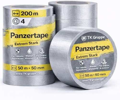 TK Gruppe Timo Klingler Panzertape - Gewebeklebeband 50 Meter * 50 mm, ultrastark & witterungsbeständig Klebeband Reperaturband Gewebeband Duct Tape silber (12x Stück)
